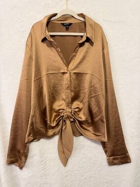 Express Satin Blouse Womens Medium Bronze Tie Front Button Long Sleeve Top Cute